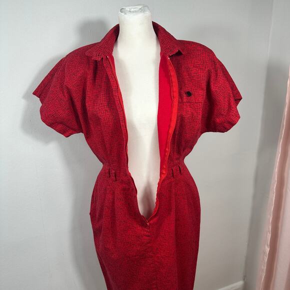 VTG All That Jazz Red Black Abstract Print Button Front Dress Cotton Women 11/12 - Picture 4 of 16